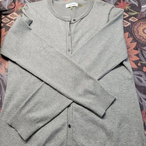 Calvin Klein Medium Light Gray Metallic Classic Lightweight Button Up Sweater - Picture 10 of 10